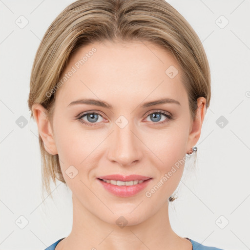 Joyful white young-adult female with medium  brown hair and blue eyes