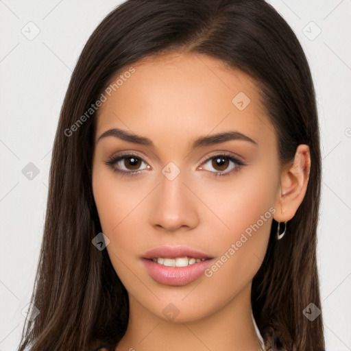 Neutral white young-adult female with long  brown hair and brown eyes