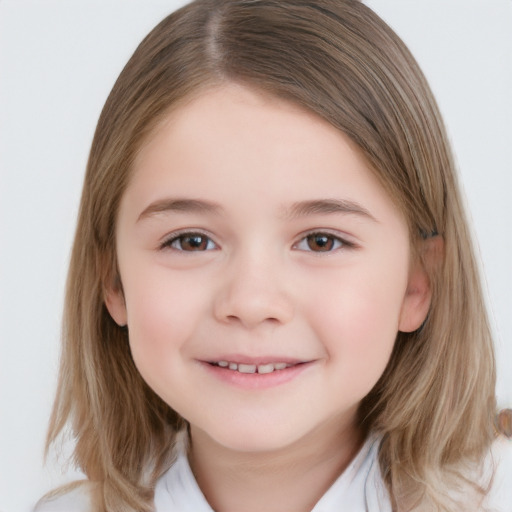 Joyful white child female with medium  brown hair and brown eyes