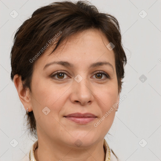 Joyful white adult female with short  brown hair and brown eyes