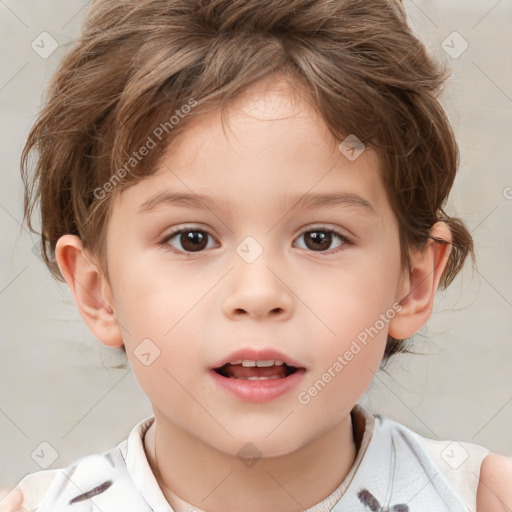 Joyful white child female with medium  brown hair and brown eyes