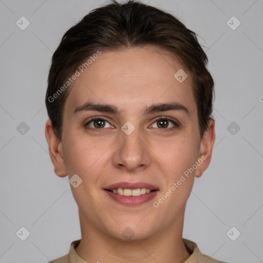 Joyful white young-adult female with short  brown hair and brown eyes