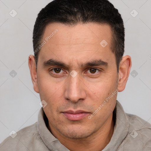 Neutral white adult male with short  brown hair and brown eyes