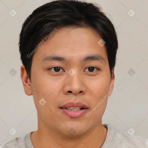 Neutral asian young-adult male with short  brown hair and brown eyes