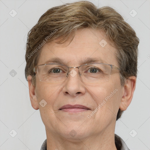 Joyful white middle-aged male with short  brown hair and brown eyes