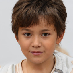 Joyful white child female with short  brown hair and brown eyes