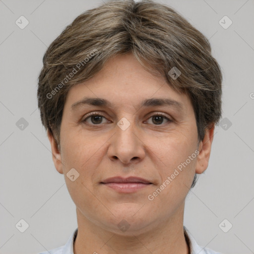 Joyful white adult female with short  brown hair and brown eyes