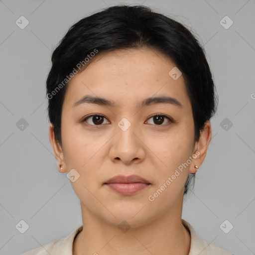 Neutral asian young-adult female with short  black hair and brown eyes