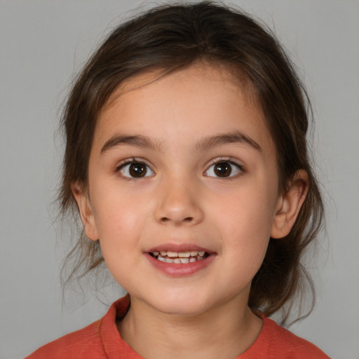 Joyful white child female with medium  brown hair and brown eyes