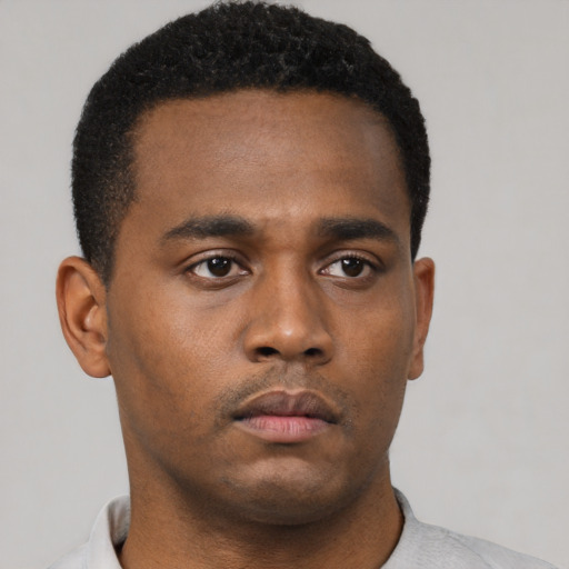 Neutral black young-adult male with short  black hair and brown eyes