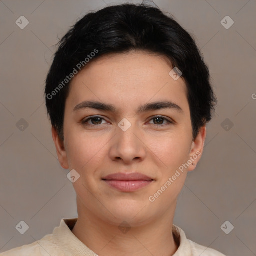 Joyful white young-adult female with short  brown hair and brown eyes