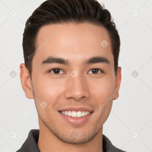 Joyful white young-adult male with short  brown hair and brown eyes