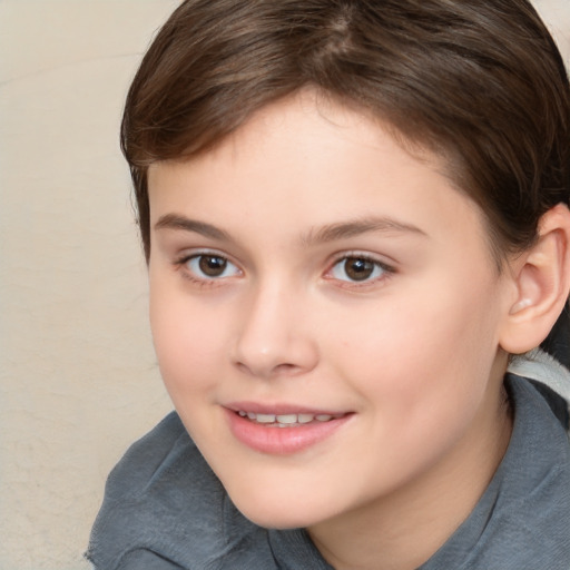 Joyful white child female with medium  brown hair and brown eyes