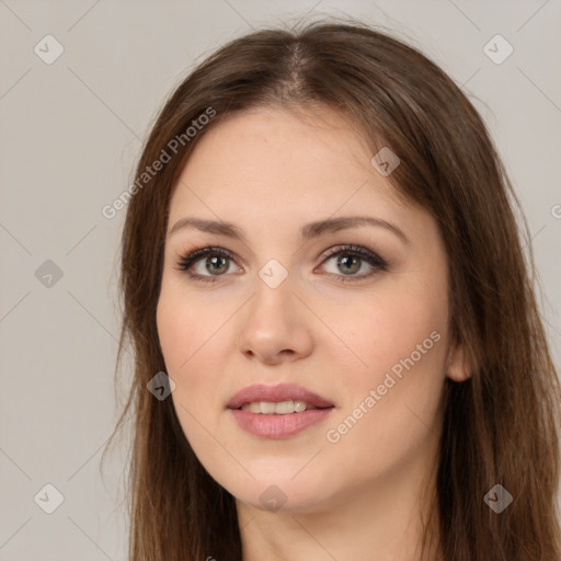 Neutral white young-adult female with long  brown hair and brown eyes