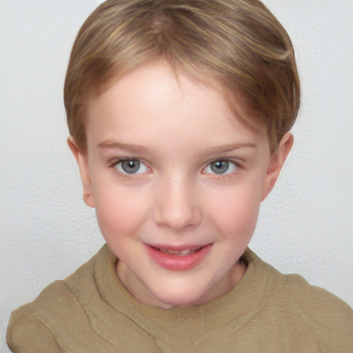 Joyful white child female with short  brown hair and brown eyes