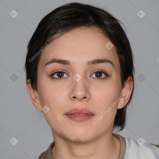 Neutral white young-adult female with medium  brown hair and brown eyes