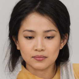 Neutral asian young-adult female with medium  brown hair and brown eyes