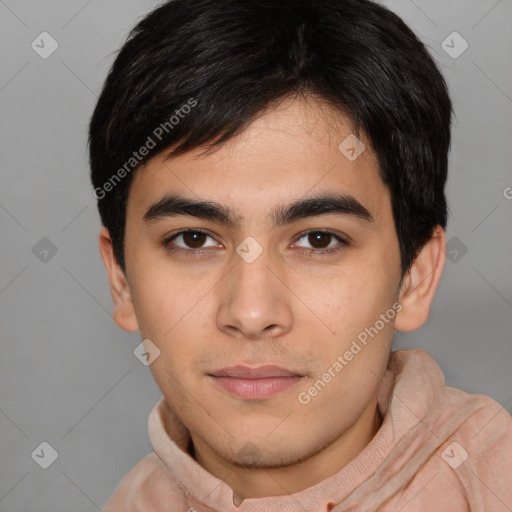 Neutral latino young-adult male with short  brown hair and brown eyes