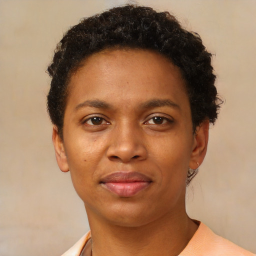 Neutral black young-adult female with short  brown hair and brown eyes