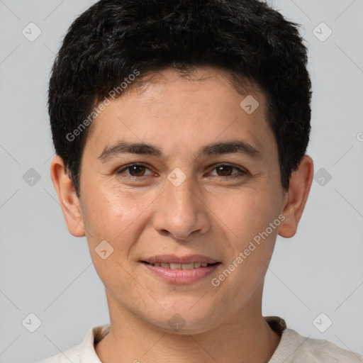 Joyful white young-adult male with short  brown hair and brown eyes