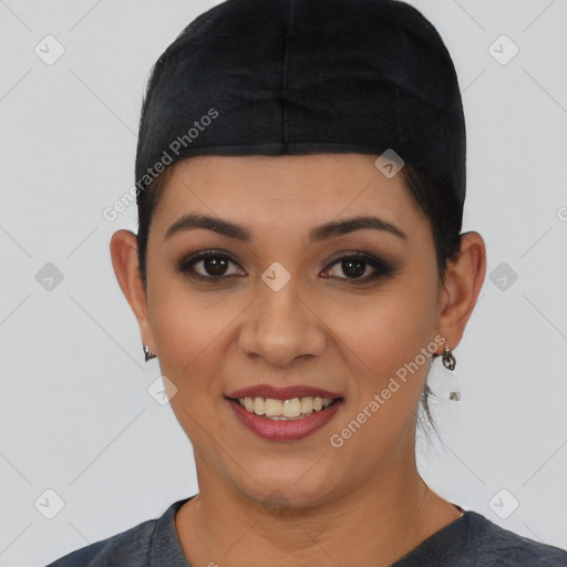 Joyful latino young-adult female with short  black hair and brown eyes