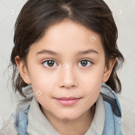 Joyful white child female with medium  brown hair and brown eyes