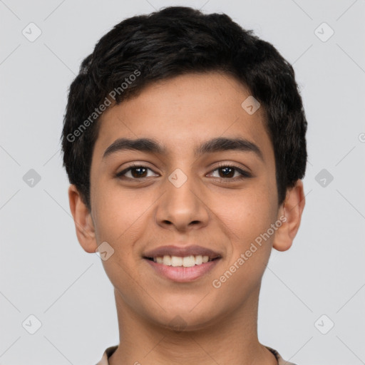 Joyful latino young-adult male with short  black hair and brown eyes