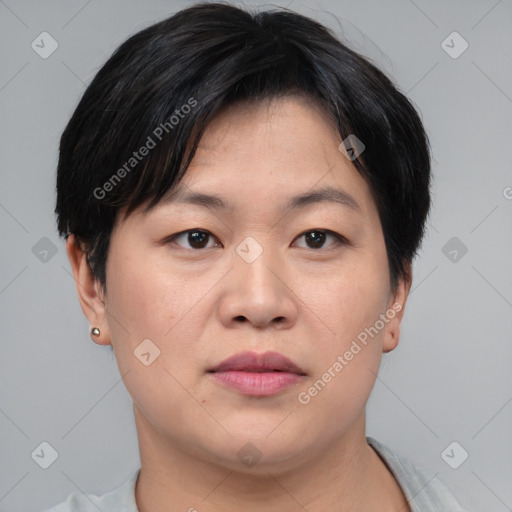 Neutral asian young-adult female with short  brown hair and brown eyes