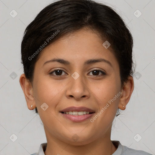 Joyful white young-adult female with short  brown hair and brown eyes