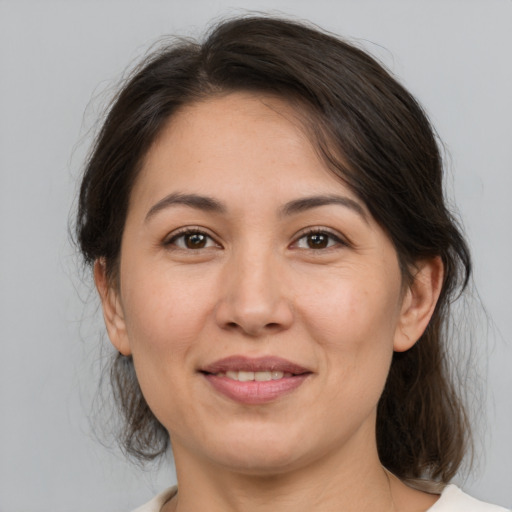 Joyful white adult female with medium  brown hair and brown eyes