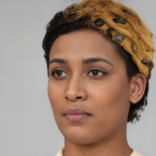 Neutral asian young-adult female with short  brown hair and brown eyes