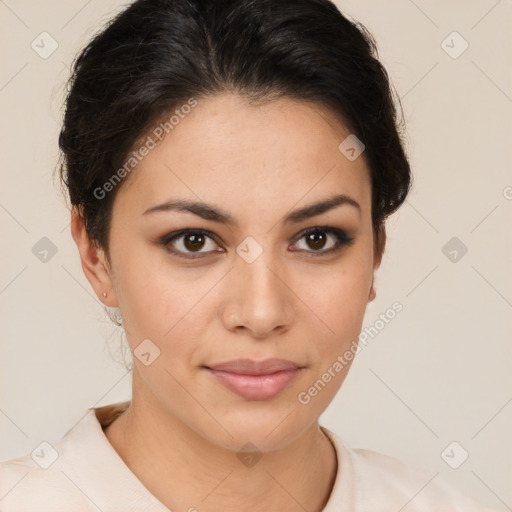 Joyful latino young-adult female with short  brown hair and brown eyes