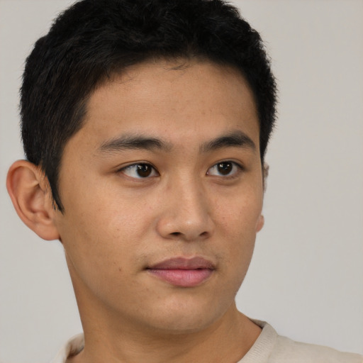 Neutral latino young-adult male with short  brown hair and brown eyes