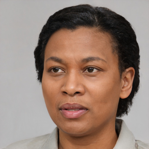 Joyful latino adult female with short  black hair and brown eyes