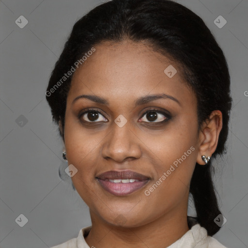 Joyful black young-adult female with medium  brown hair and brown eyes