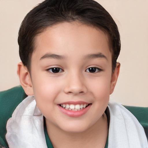 Joyful white child female with short  brown hair and brown eyes