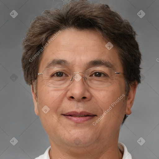 Joyful white middle-aged male with short  brown hair and brown eyes