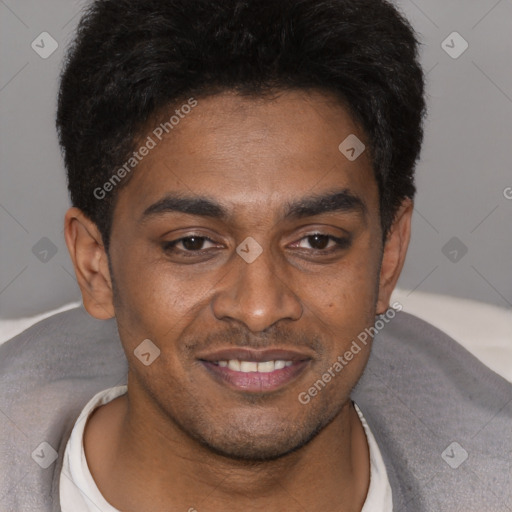 Joyful latino young-adult male with short  brown hair and brown eyes