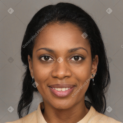 Joyful black young-adult female with medium  black hair and brown eyes