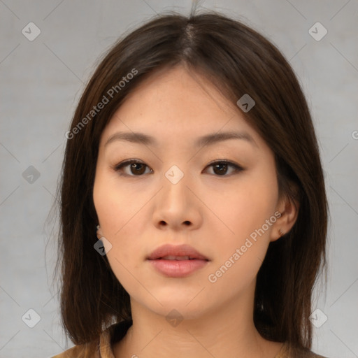 Neutral asian young-adult female with medium  brown hair and brown eyes