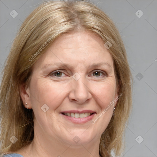 Joyful white adult female with medium  brown hair and grey eyes