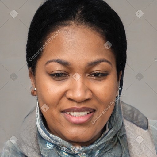 Joyful latino young-adult female with short  black hair and brown eyes