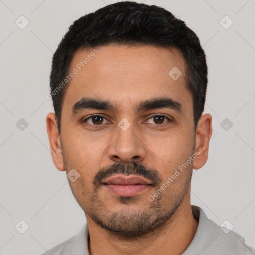 Neutral latino young-adult male with short  black hair and brown eyes