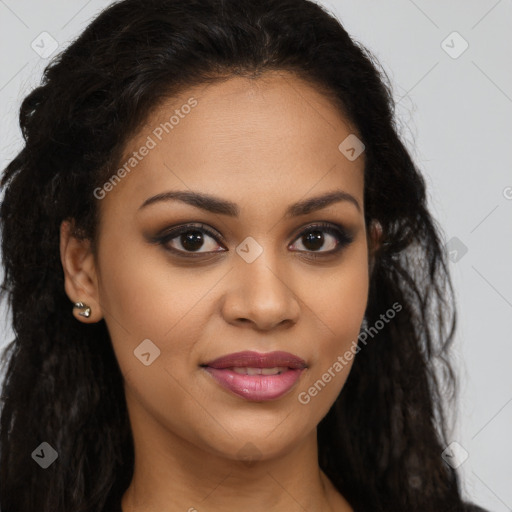 Joyful latino young-adult female with long  brown hair and brown eyes