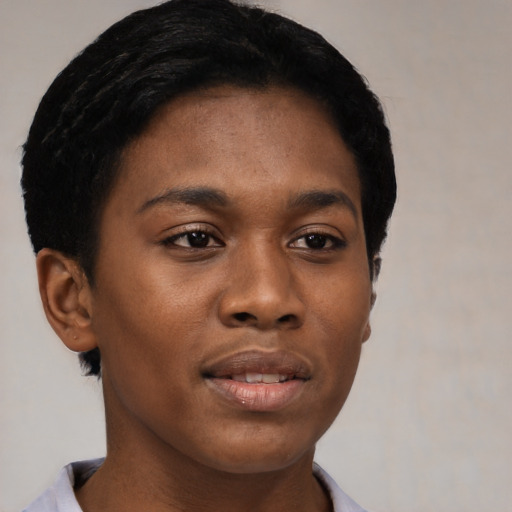 Joyful black young-adult female with short  black hair and brown eyes