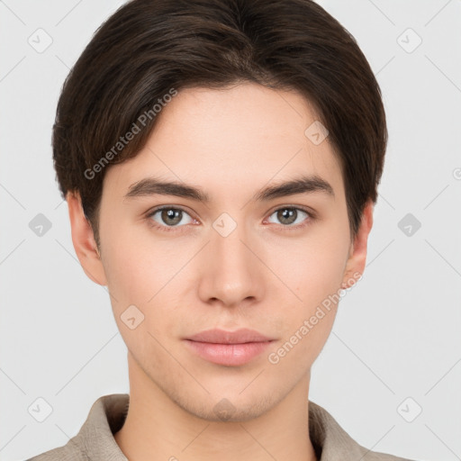 Neutral white young-adult male with short  brown hair and brown eyes