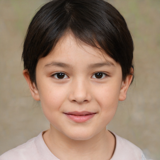 Joyful white child female with medium  brown hair and brown eyes