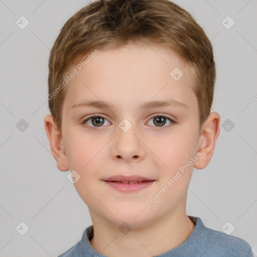 Joyful white child male with short  brown hair and brown eyes