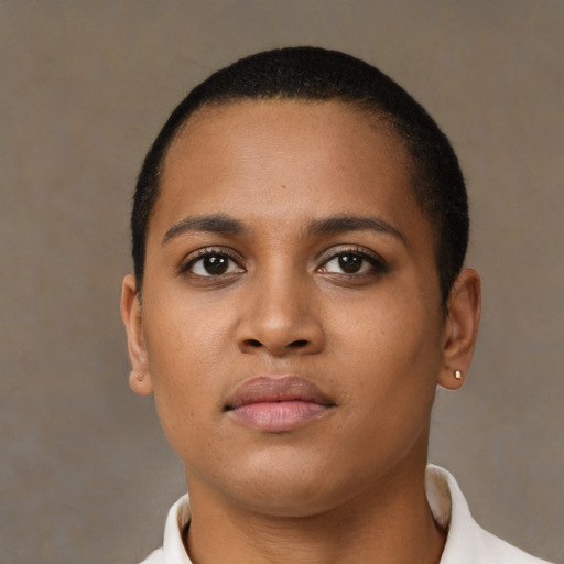 Neutral black young-adult female with short  brown hair and brown eyes