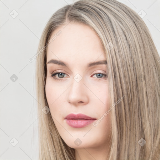 Neutral white young-adult female with long  brown hair and grey eyes